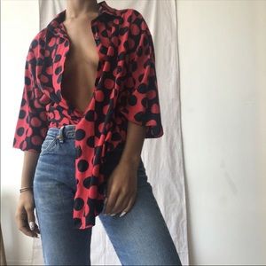 Medium cotton button up blouse polka dot red black